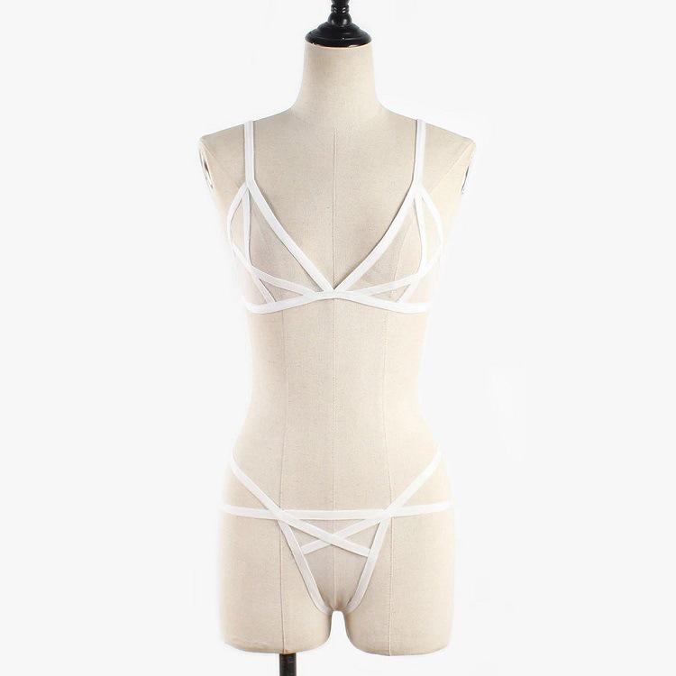 European & American Erotic Lingerie: Women's Sexy Three-Piece Mesh See-Through Lace-Up Bra & Panty Set.