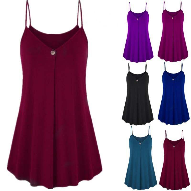 Elegant Women's Fashion Summer Plus V-neck Sleeveless Button Loose Hem T Shirt