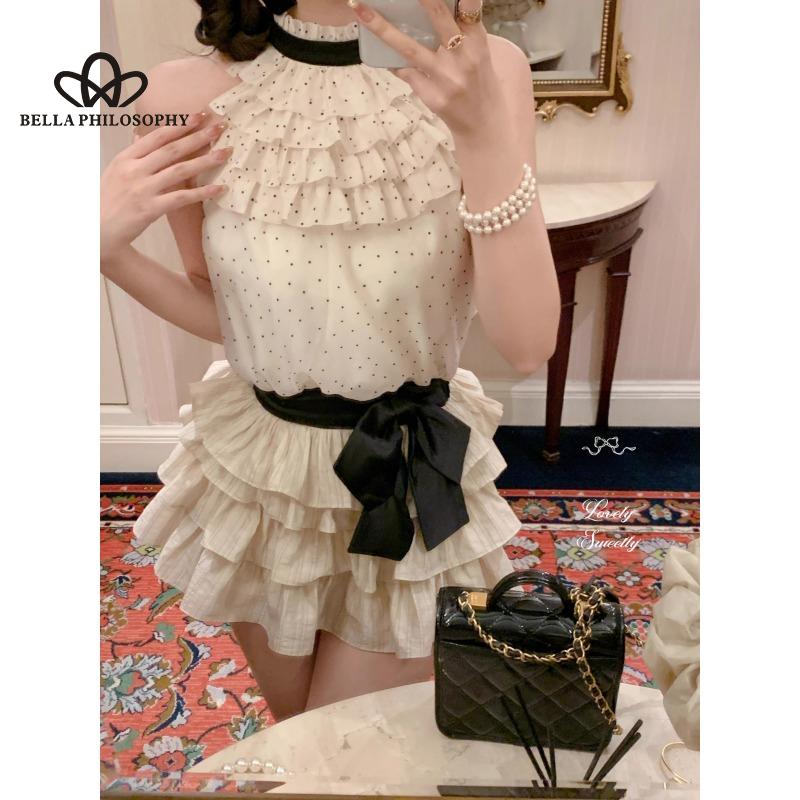 

Шифоновый топ без рукавов Sweet Wave в горошек, женский милый многослойный юбка-пачка с бантом, костюм из двух предметов XS бежевый