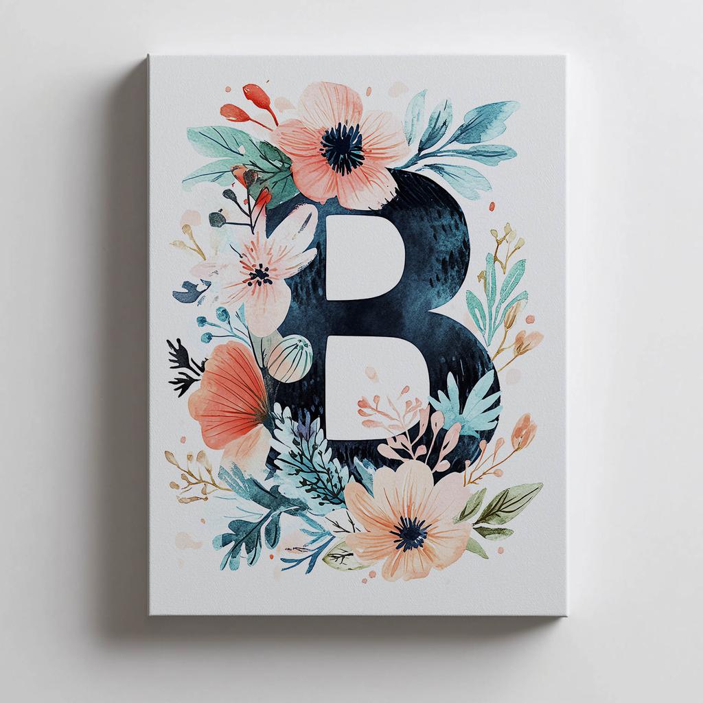 Plakat Litera "B" Otoczona Kolorowymi Kwiatami Plakat Litera "B" Otoczona Kolorowymi Kwiatami, 30X40 Cm, Rama Drewniana Ciemny Brąz, Papier Matowy 230