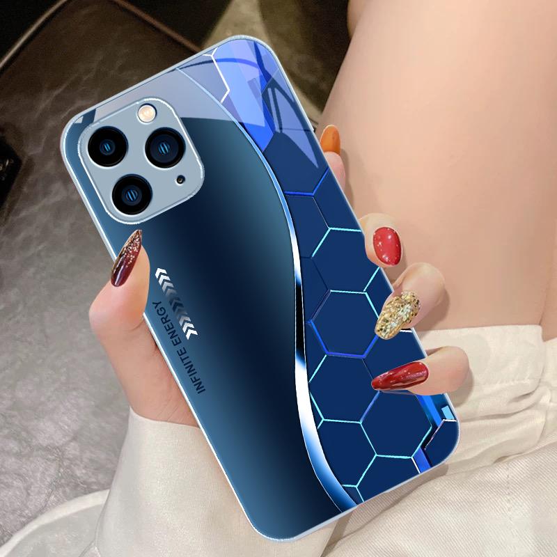 Flowing Light Honeycomb Dark Blue For IPhone 15 Pro 14 13 12 Mini 11 XS Max XR 7 8 Plu SE 2020 2022 Tempered Glass Phone Case