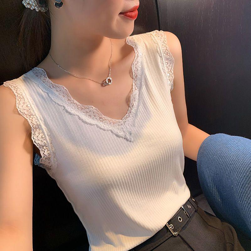 Plus Size V-neck Knit Lace Camisole - Sleeveless Pure Color Base Layer for Women