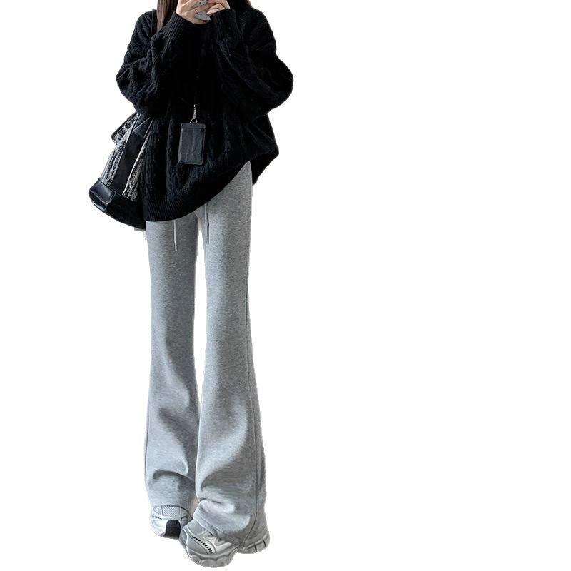 Women's Petite High-Waisted Micro-Flare Sweatpants - Dark Grey, Slimming Fit, 145-150cm, Spring/Autumn Style