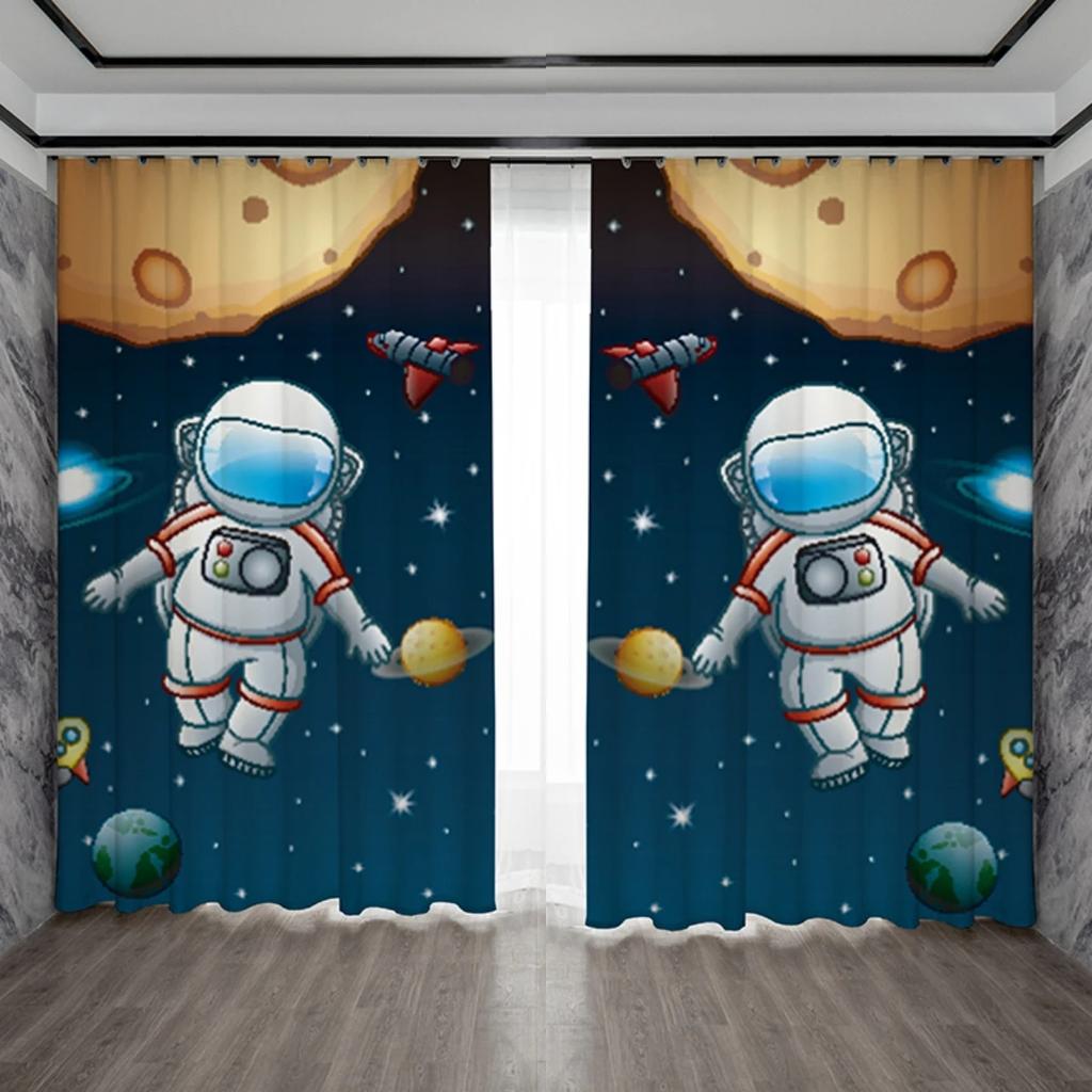 Personalized Creative Astronaut Pattern High Blackout Curtains Technology Sense Starry Sky Space Shading Drape Bedroom Curtain