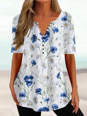 Damen Sommer T-Shirt Blumendruck V-Ausschnitt Kurze Ärmel Damen Top Vintage Mittellanges lockeres Top Damenkleidung