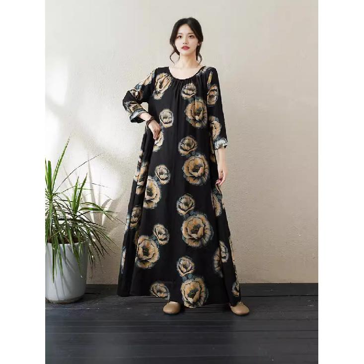 New Style Various Colors Vacation Style Round Neck Retro Cotton Linen Long Dress