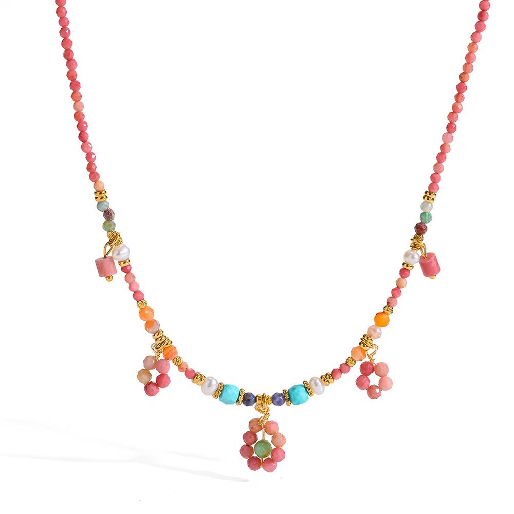 European and American colored natural stone beaded necklace gold-plated stainless steel flower pendant commuter versatile vacation style neck jewelry