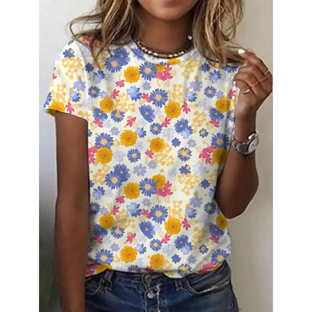 Simple Comfortable Women's Flower Printed Top T-shirt Fashionable Breathable Short Sleeve Casual T-Shirts Women’s