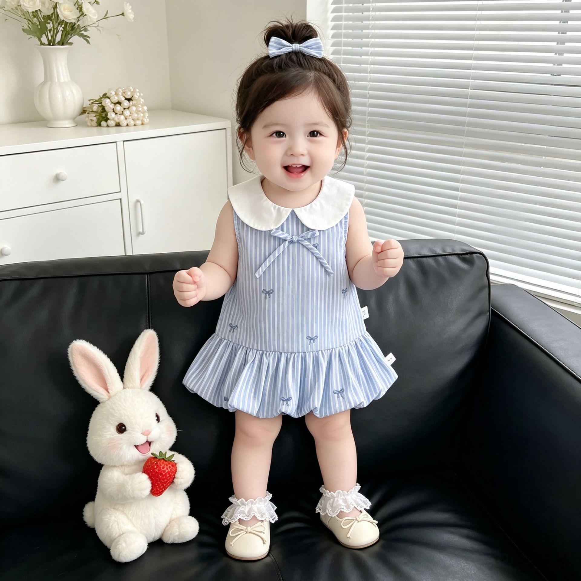 Girls Summer Sleeveless Striped Dress with Bow Collar Princess 73