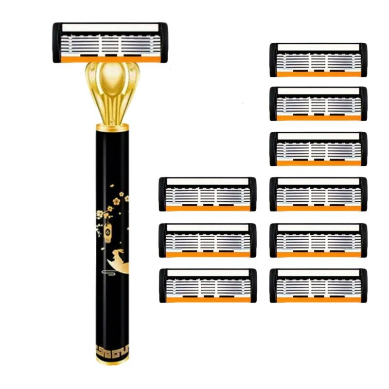 Men's Manual Razor Safety Razor 6-layer Stainless Steel Hair Removal Knife, Replaceable Razor Head, Razor Tools.