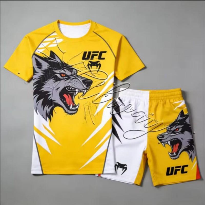 Atmungsaktives MMA Trainingsset für Herren 3D Digitaldruck Kurzarm-T-Shirt Shorts Sportbekleidung
