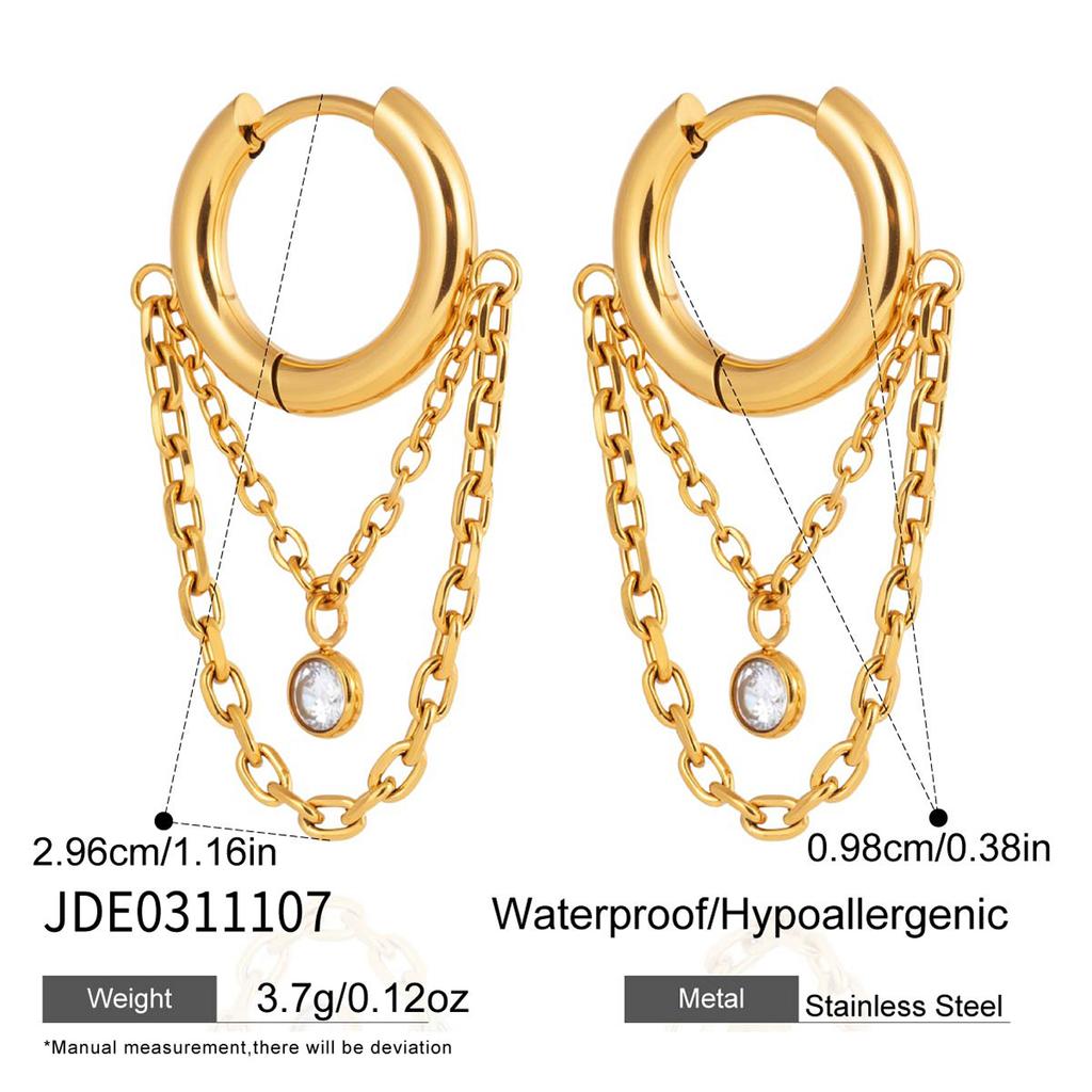 Youthway Classic Round Zircon Chains Tassel Earrings For Women Minimalist 18K Gold Plated Stainless Steel Clip Earrings Jewelry
