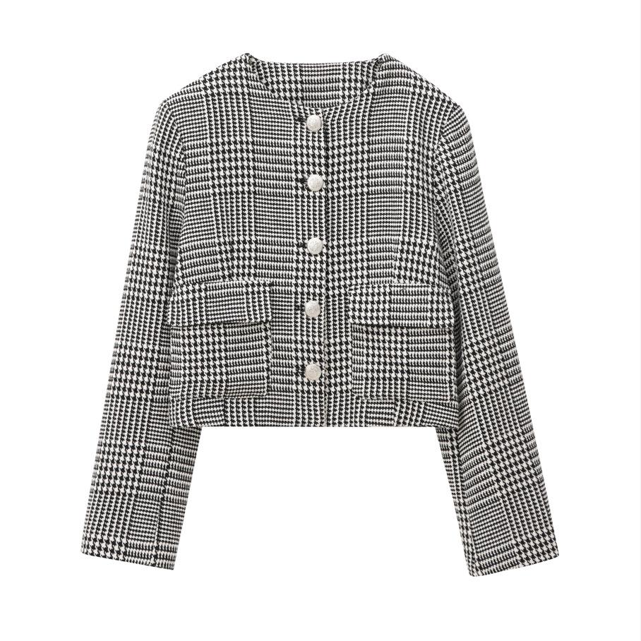 

2024 Autumn/Winter Women s Houndstooth Suit Jacket, Short Round Neck, Long Sleeve, Casual Commute. L