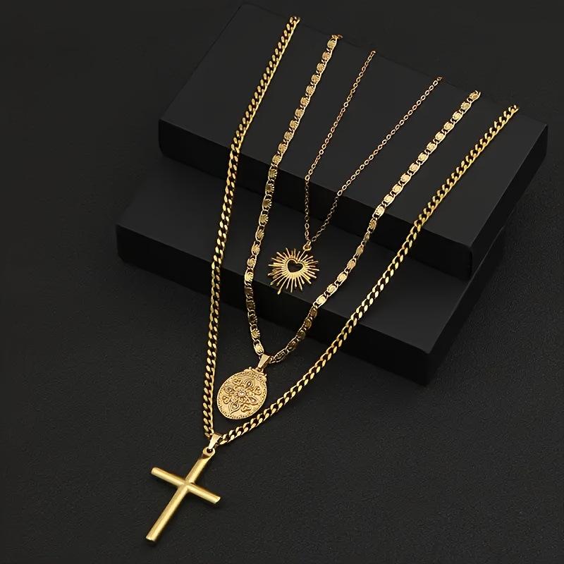 3PCS Adjustable Stainless Steel Cross Pendant Necklace for Men - Geometric Minimalist Chain with Gold Plating, Unisex Everyday Jewelry