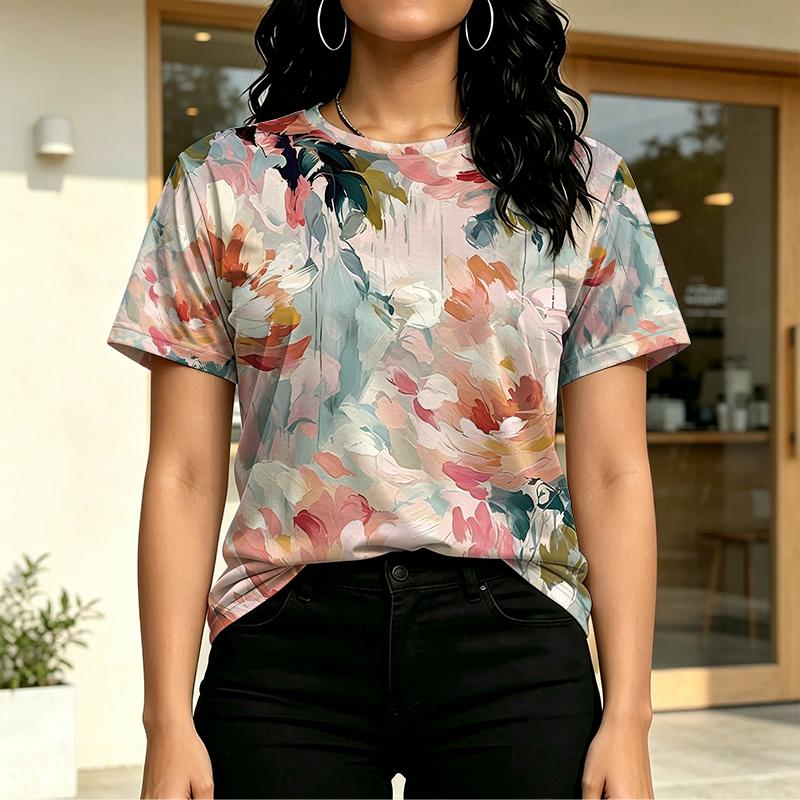 Women's Basic Short Sleeve Top Colorful Floral Print,Soft & Loose Fit,Fashionable Comfortable Casual Top for Daily Wear & Shopping
