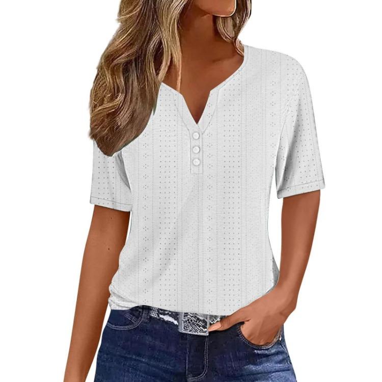 Women Casual V Neck Short Sleeve Solid Button T Shirt Top Tee