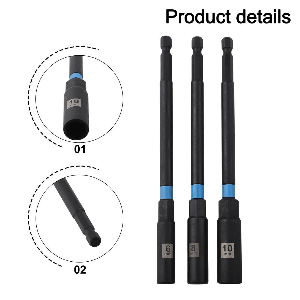 150mm Hex Nut Driver Drill Bit Adapter Set 3PCS Socket Wrench Extensions for Automotive and Carpentry Projects