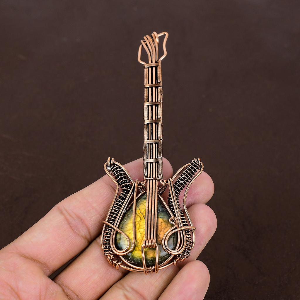 Natural Labradorite Gemstone Handmade Copper Wire Wrap Guitar Pendant 4.53" L9k80