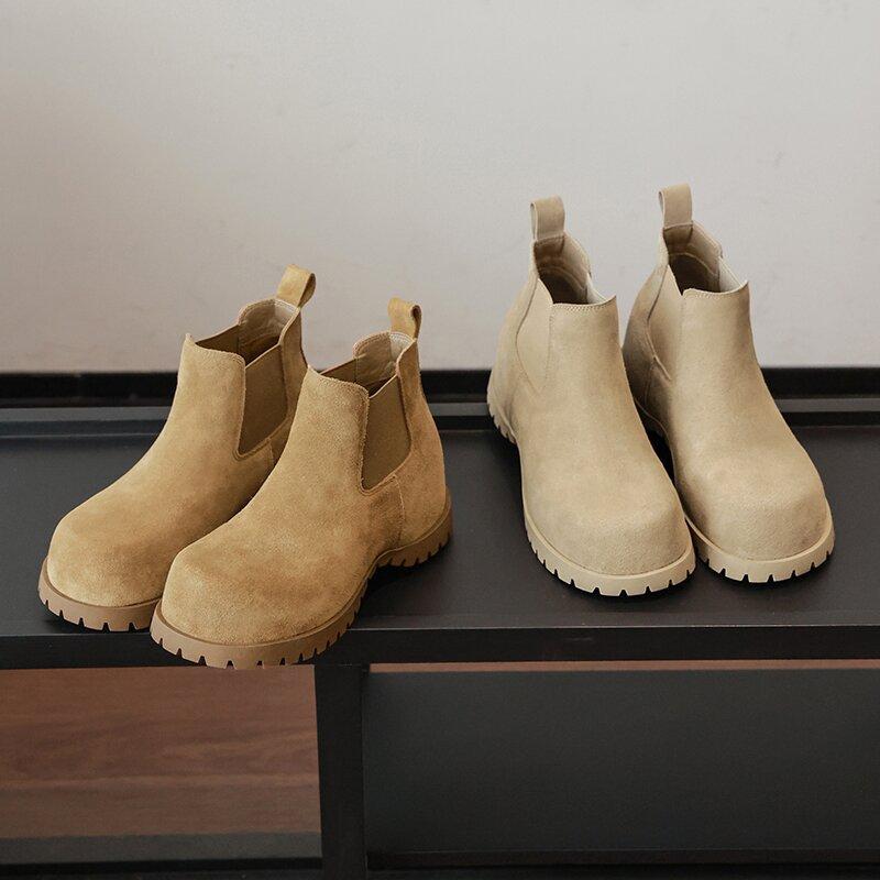 First Layer Cowhide~ Inner Height Increase 6cm Chelsea Boots Women's Matte Leather Retro Martin Boots Cigarette Boots Kangaroo Short Boots