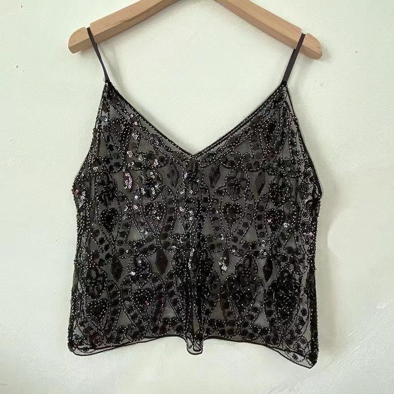 Women's Summer Sequin Beaded Deep V-Neck Crop Cami – Sparkly Sleeveless Layering Tank Top, Sexy Slimming Clubwear