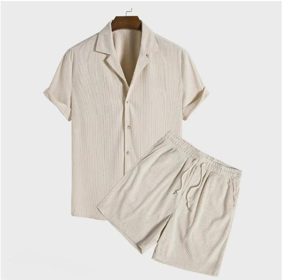 

Men s Casual Short Sleeve Stand Collar Shirt with Drawstring Shorts Set in Dark Green 3XL