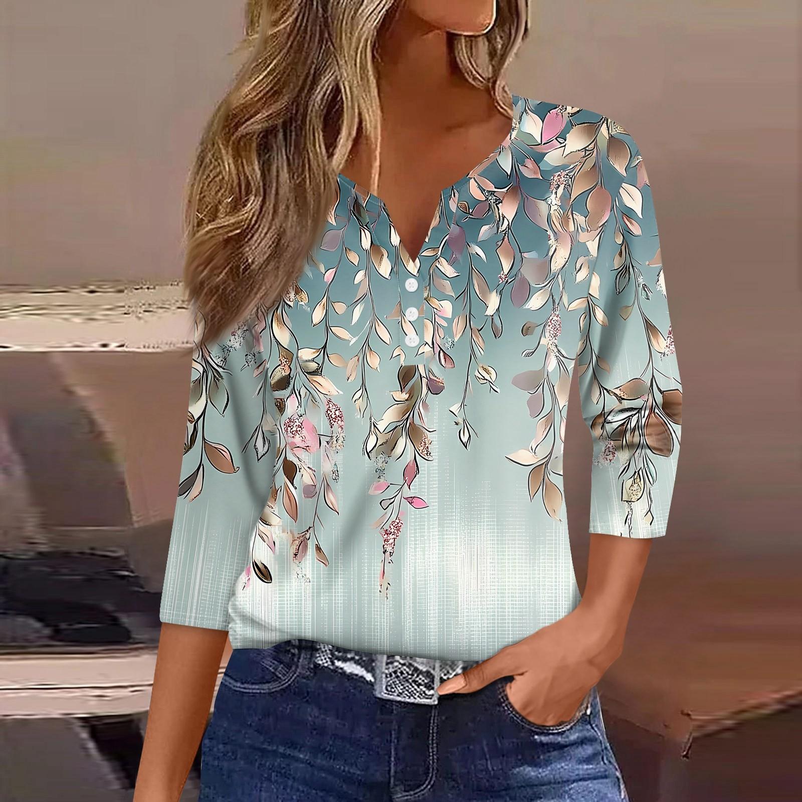 

Жіноча футболка з принтом на ґудзиках з рукавами 3/4, щоденна мода на вихідні, звичайний топ із V-подібним вирізом S