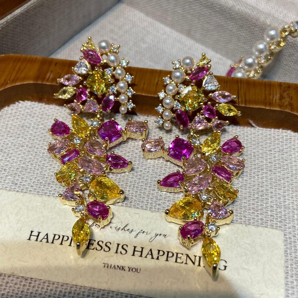 Guochao Heavy Industries Zirconium Jewelry Set, Vintage Vintage Elegant Antique Dress Necklace Bracelet Earrings