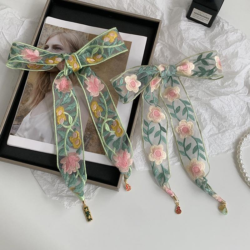 Embroidered Lace Silk Scarf Premium Pendant Small Scarf Tie Bag Ribbon Rose Lace Mesh Headscarf Headband Hair Accessories