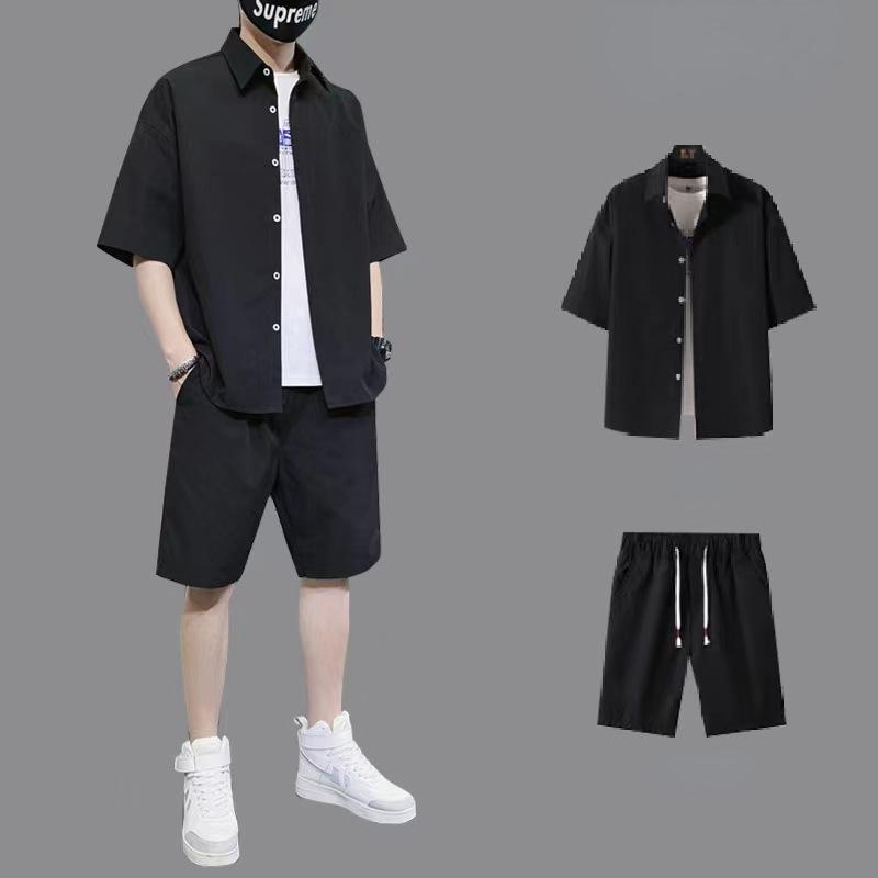 Pánská sada košil Letní jednobarevná košile s krátkým rukávem a plážové šortky Streetwear Sportovní 2dílná sada