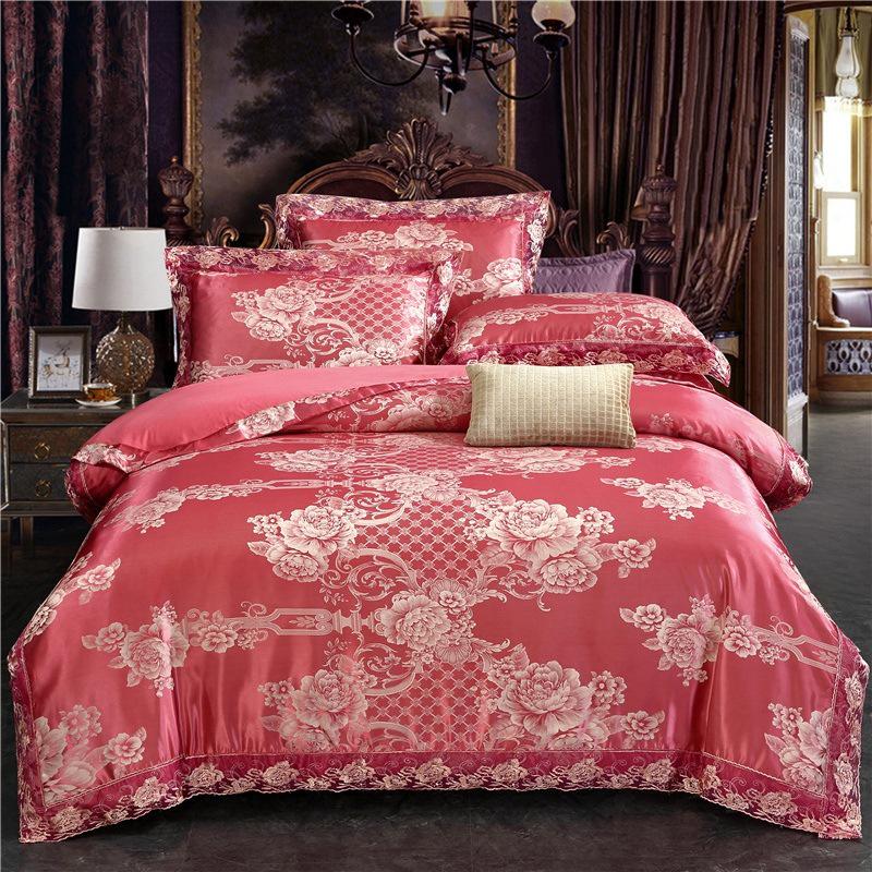 European Satin Jacquard Bedding Set - Lace-Trimmed, 4-Piece Set