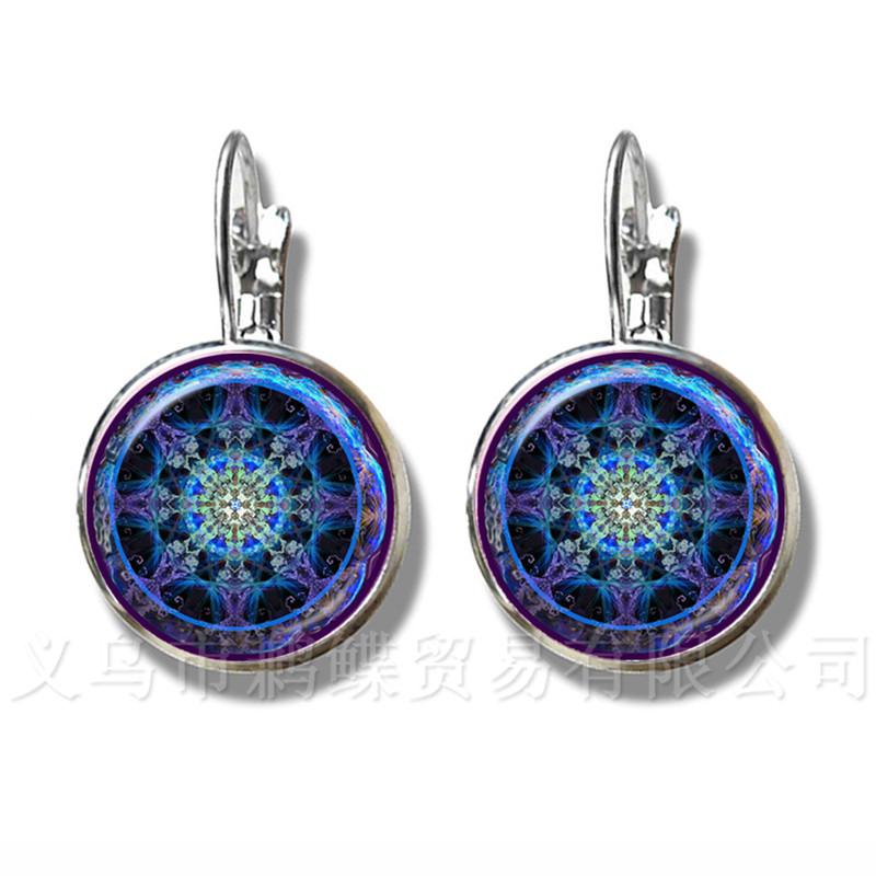 Classic OM Yoga Chakra Mandala Glass Dome Earrings Sacred Geometric Purple Flower Silver Plated Stud Earrings For Girls Gift