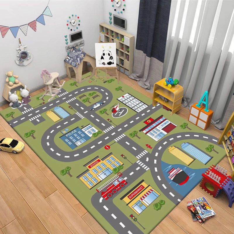 Kids Playroom Carpet Soft Non-Slip Baby Crawling Mat with Traffic Route Map Design for Bedroom Living Room