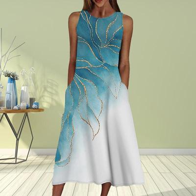 Sommermode Sexy Ärmelloses Kleid Weiches Lässiges Kleid mit 3D-Goldrand-Blätter-Print Ärmelloses Sling-Kleid