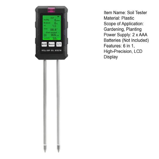Soil Tester High Precision 6-in-1 Plant Moisture Meter with Dual-Needle Probe 180mm PH Moisture Temperature Light Fertility Air Readings Soil Probe