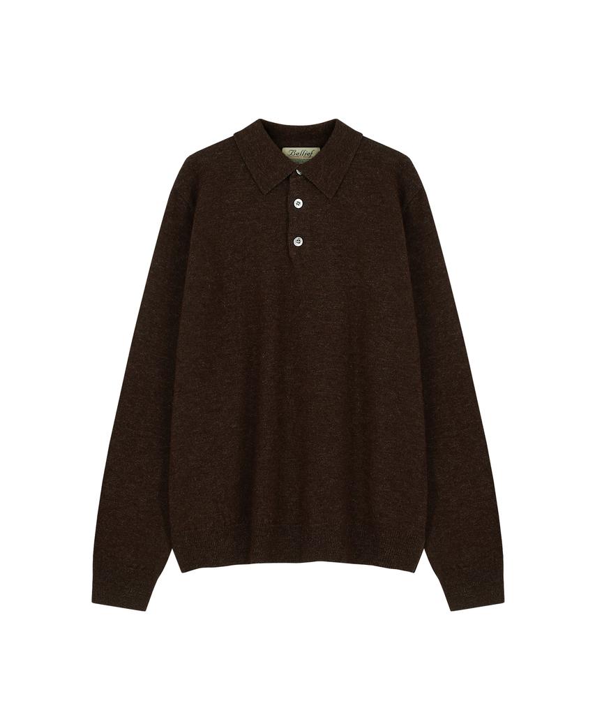 BELLIEF Wool Pique Long Sleeved Polo Knit (Brown)