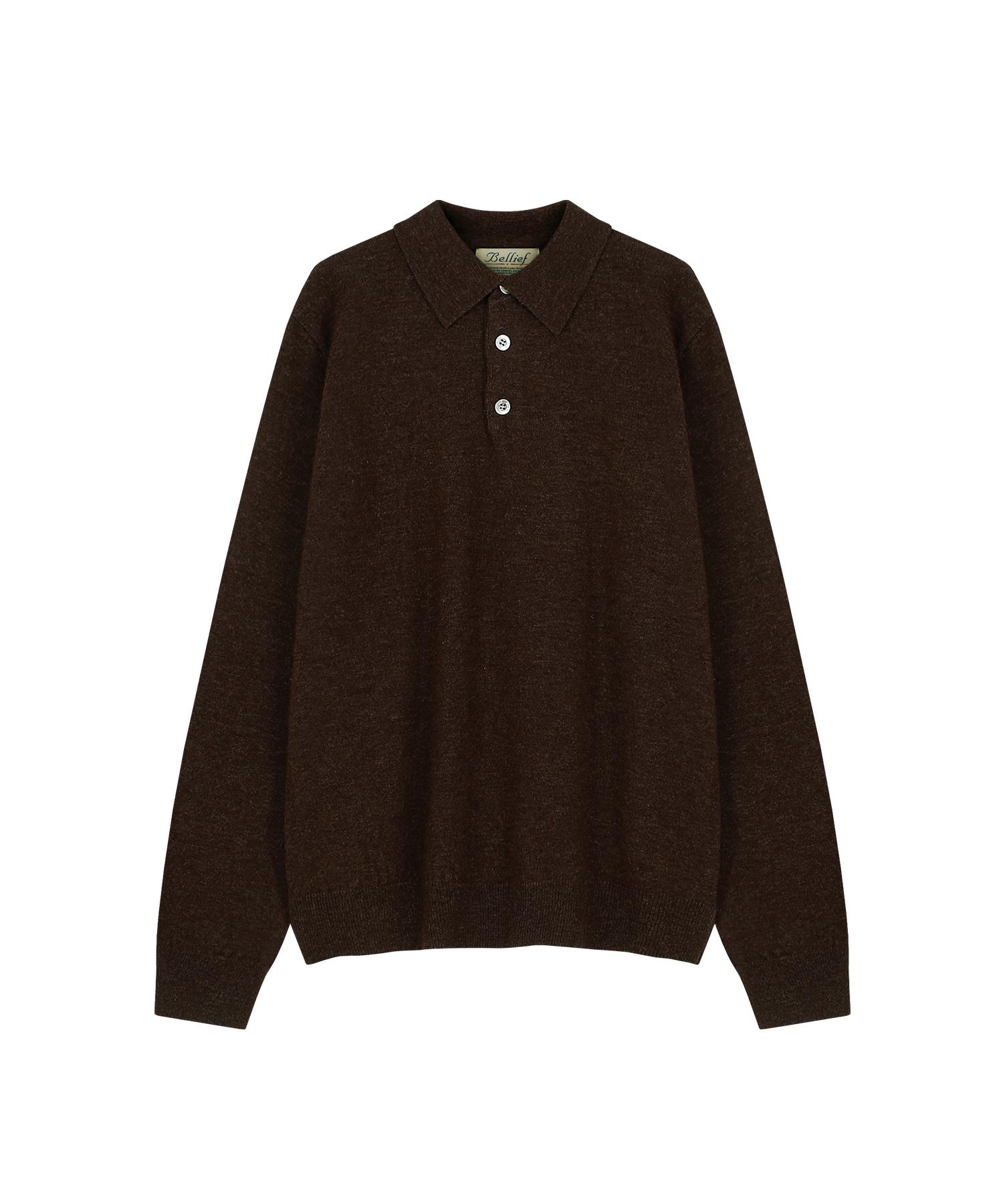 Belief Wool Pique Long Sleeved Polo Knit (Brown) M