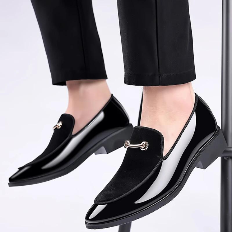 Men's Party Shoes Black Luxury Mens Formal Leather Shoes Slip on Patent Leather Business Casual Shoes Loafers Large Size