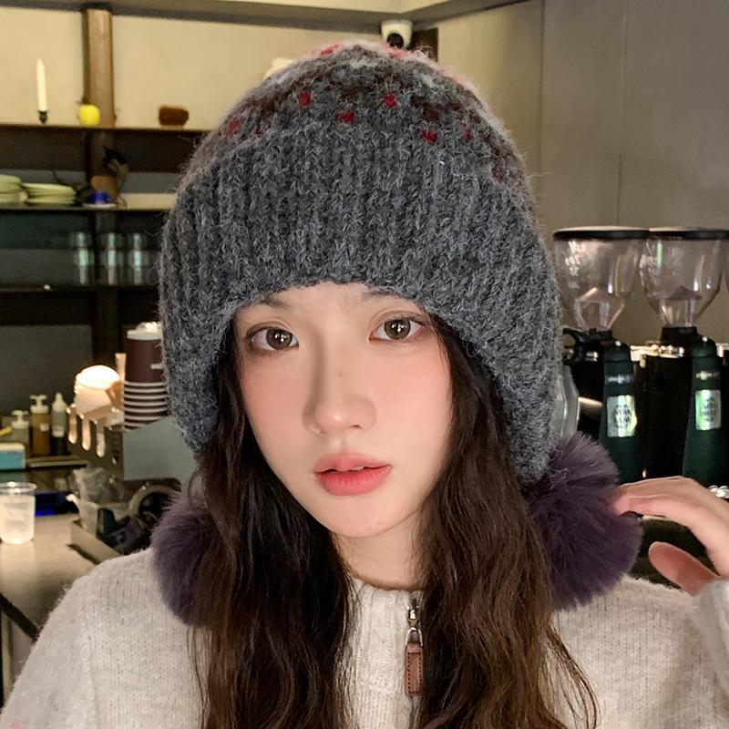 New Fair Island Wind Autumn and Winter Female Cute Ear Protection Wool Hat Outdoor Hairball Warm Ski Cold Knitted Hat