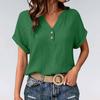 Women's V-Neck Short Sleeve Button Front Crinkle Fabric T-Shirt with Rolled Hem