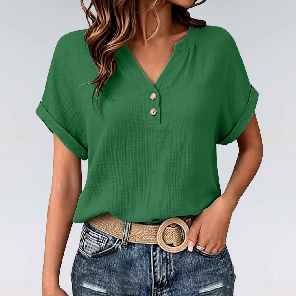 Women's V-Neck Short Sleeve Button Front Crinkle Fabric T-Shirt with Rolled Hem