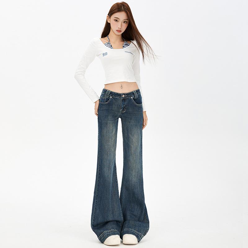 Blue denim micro-pull pants women's winter new design sense retro design sense rear bag floor pants