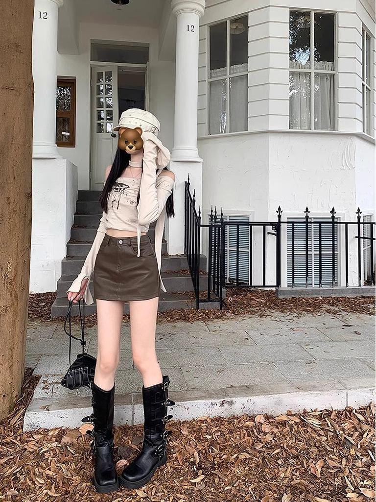 Women's Black High-Waist PU Leather A-Line Mini Skirt - Versatile Slim Fit for Autumn/Winter