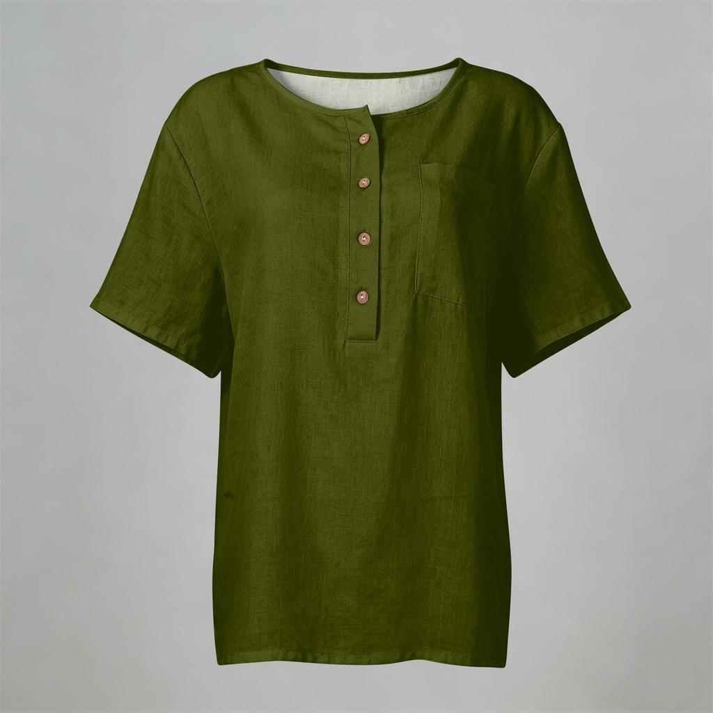 Women Short Sleeve Henley Neck Button Down Linen Cotton Shirt with Chest Pocket Relaxed Fit Casual Top Blouse for Daily Wear