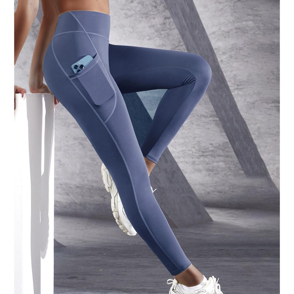 Pantaloni de yoga pentru femei cu buzunare cu elasticitate ridicată, talie înaltă și ridicare șold, pantaloni de culoare uni
