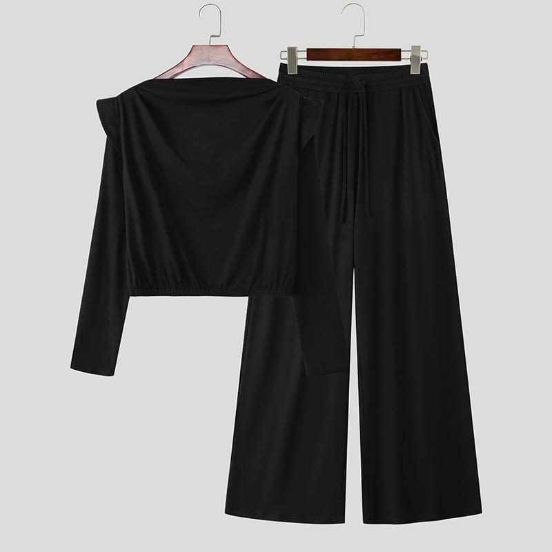 INCERUN 2 STÜCKE Herren Langarm Cropped T-Shirts und Lange Hosen Lässige Outfit-Sets