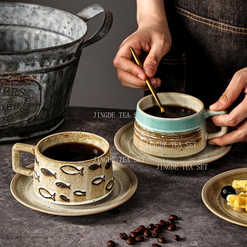 250ml Coarse Pottery Coffee Cup Chinese Latte Cup Plate Set Household Dandelion Shaped Tea Cups Large Capacity Mug Drinkware