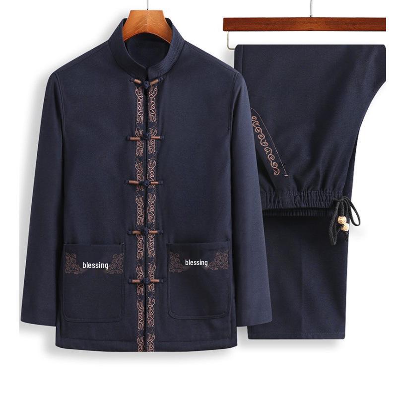 Men's Embroidered Tang Suit Set: Long Sleeve Hanfu Overcoat for Spring & Autumn