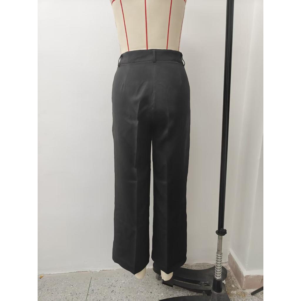 Jednokolorowe spodnie casual, Damskie spodnie z wysokim stanem, plisowane, luźne, Spodnie do pracy