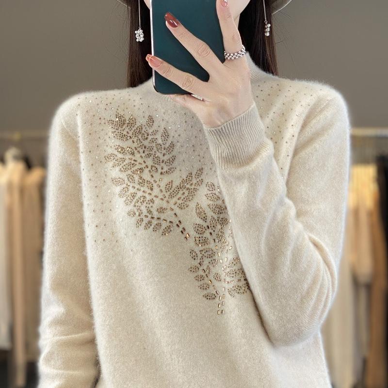 Crystal Mock Neck Elegant Sweater Women Stand Collar Base Layer Heavy Duty Beaded Knit Sweater Women
