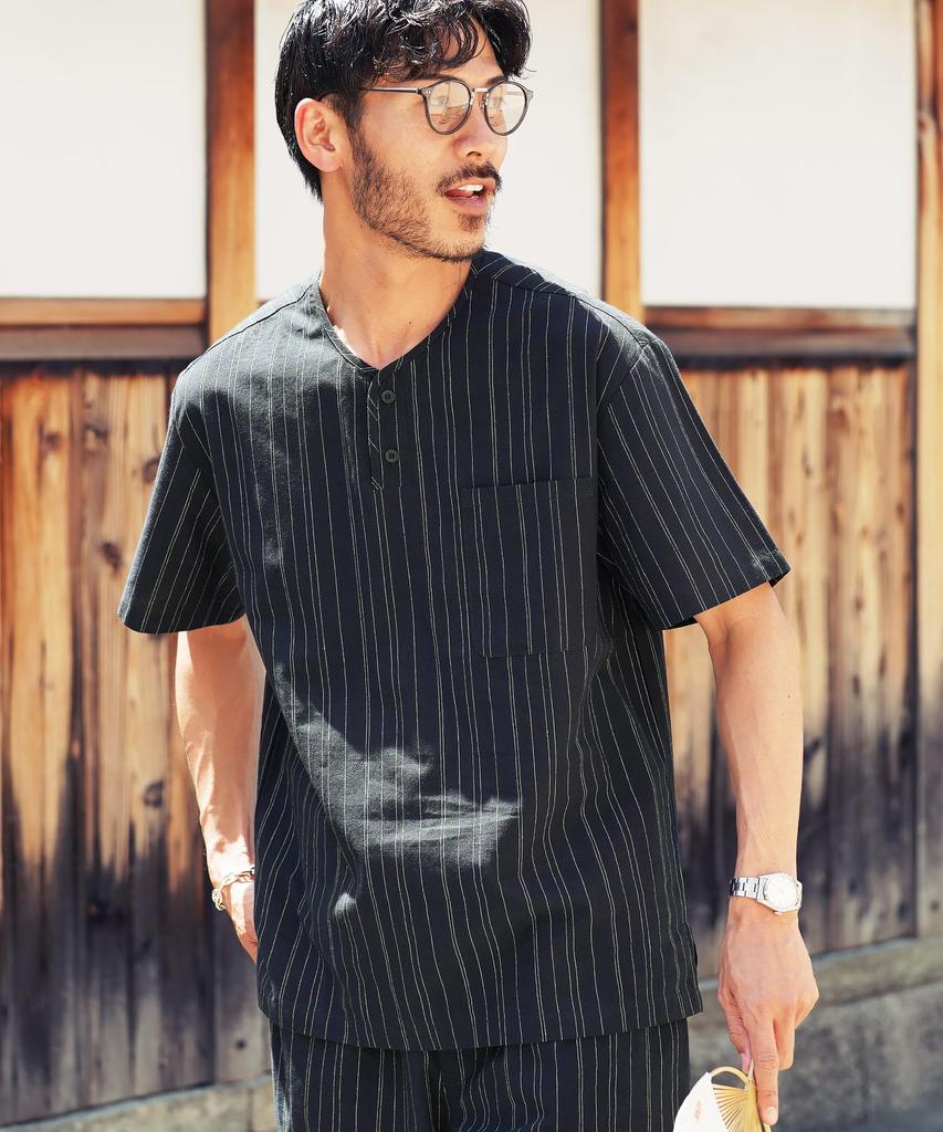 Jinbei Night Rain Jinbei Top and Bottom Japanese Shijira Perfect for Summer Fireworks [JIGGYS SHOP] (Large, B) (Henley Neck) Men's Set, 100% Cotton,